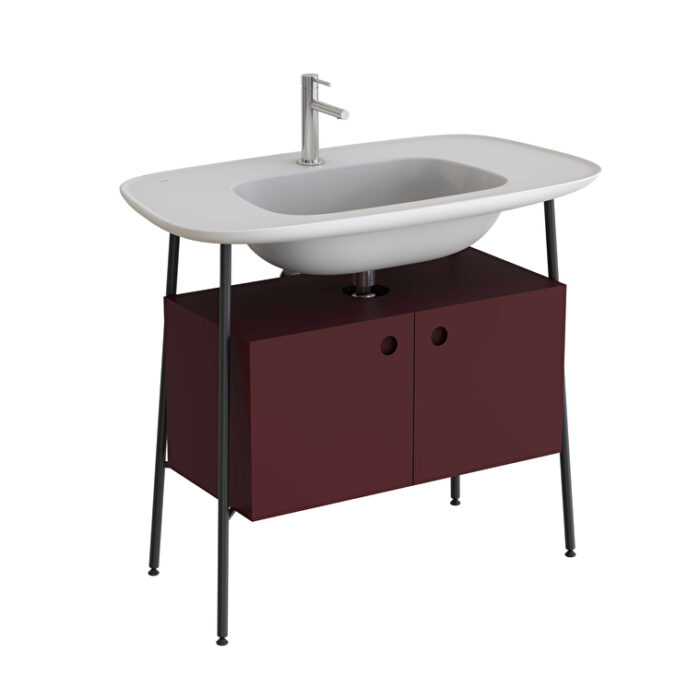 VitrA Plural Lavabo Dolabı, 100 cm, İki Kapaklı, Tek Armatür Delikli, Mat Beyaz Seramik Lavabolu, Mat Bordo - Görsel 2