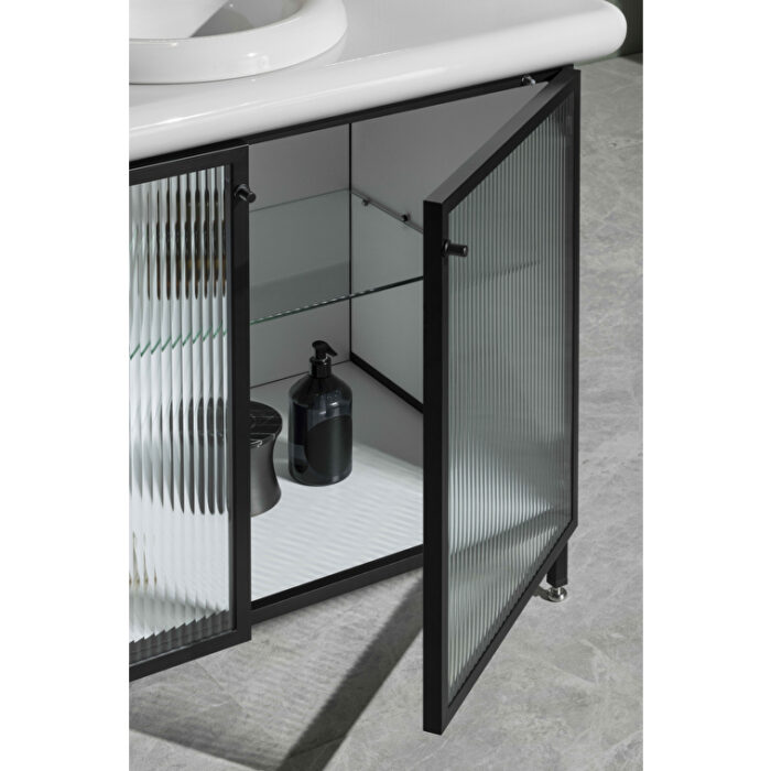 VitrA Liquid Lavabo Dolabı, 100 cm, Çizgili Cam Kapaklı, Ayaklı - Görsel 11