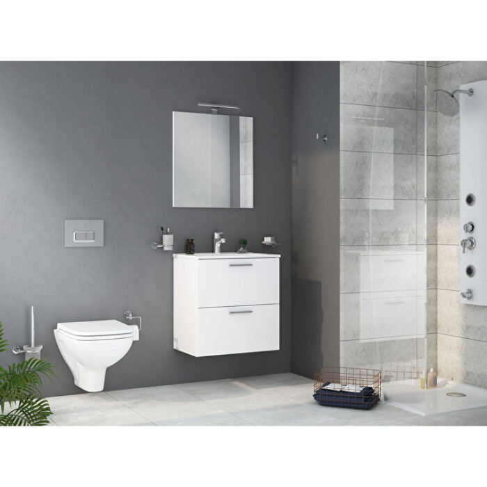 VitrA Mia Banyo Dolabı Seti, 60 cm, İki Çekmeceli, Lavabo Dolabı, Aydınlatmalı Düz Ayna, Parlak Beyaz - Görsel 4