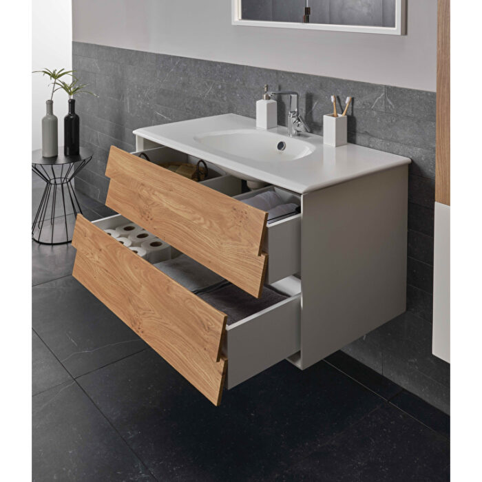 VitrA Frame Lavabo Dolabı, 80 cm, İki Çekmeceli, Beyaz Etajerli Lavabolu, Mat Soft Beyaz & Dore Meşe - 61228 - Banyo Alt Modülleri - 5