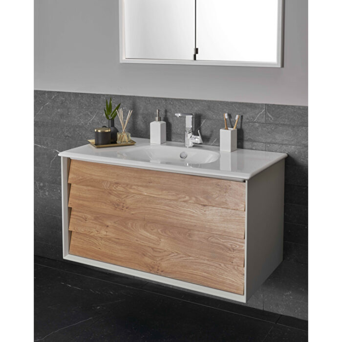 VitrA Frame Lavabo Dolabı, 80 cm, İki Çekmeceli, Beyaz Etajerli Lavabolu, Mat Soft Beyaz & Dore Meşe - 61228 - Banyo Alt Modülleri - 7