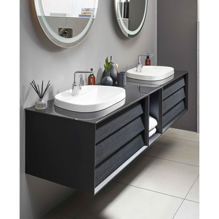 VitrA Frame Lavabo Dolabı, 80 cm, İki Çekmeceli, Beyaz Etajerli Lavabolu, Mat Soft Siyah & Hareli Siyah Meşe - Görsel 2