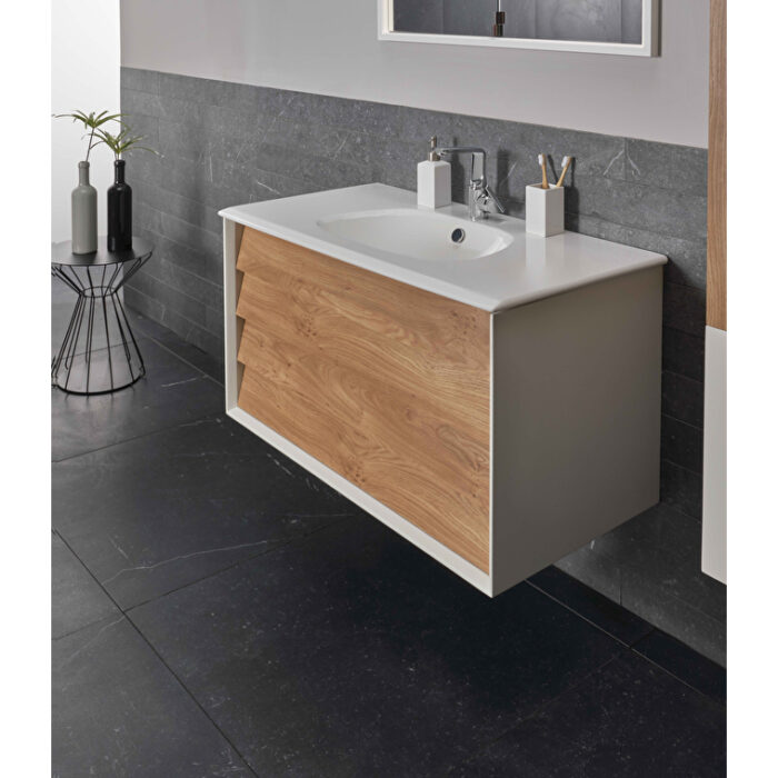 VitrA Frame Lavabo Dolabı, 80 cm, İki Çekmeceli, Beyaz Etajerli Lavabolu, Mat Soft Beyaz & Dore Meşe - 61228 - Banyo Alt Modülleri - 11
