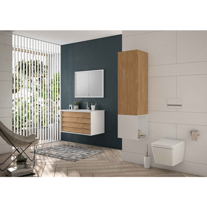 VitrA Frame Lavabo Dolabı, 80 cm, İki Çekmeceli, Beyaz Etajerli Lavabolu, Mat Soft Beyaz & Dore Meşe - 61228 - Banyo Alt Modülleri - 10