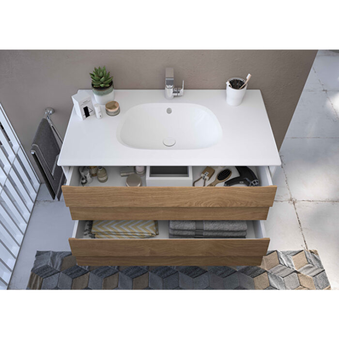 VitrA Frame Lavabo Dolabı, 80 cm, İki Çekmeceli, Beyaz Etajerli Lavabolu, Mat Soft Beyaz & Dore Meşe - 61228 - Banyo Alt Modülleri - 9