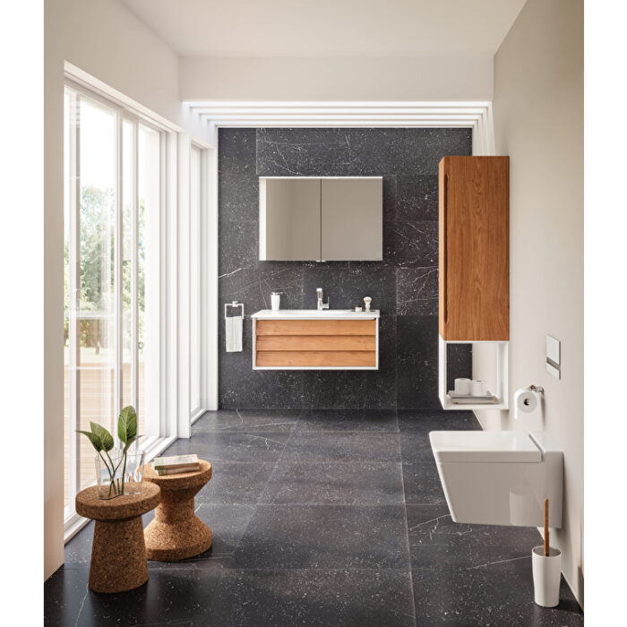 VitrA Frame Lavabo Dolabı, 80 cm, İki Çekmeceli, Beyaz Etajerli Lavabolu, Mat Soft Beyaz & Dore Meşe - 61228 - Banyo Alt Modülleri - 4