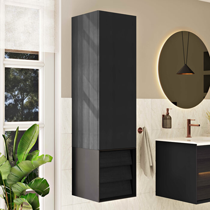 VitrA Frame Boy Dolabı, 40 cm, Kapaklı Ve Çekmeceli, Hareli Siyah Meşe & Mat Soft Siyah, Sol - Görsel 4