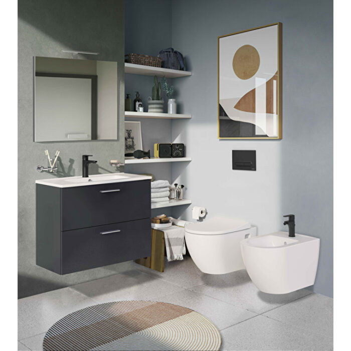 VitrA Mia Banyo Dolabı Seti, 80 cm, İki Çekmeceli, Lavabo Dolabı, Aydınlatmalı Düz Ayna, Parlak Antrasit - Görsel 2