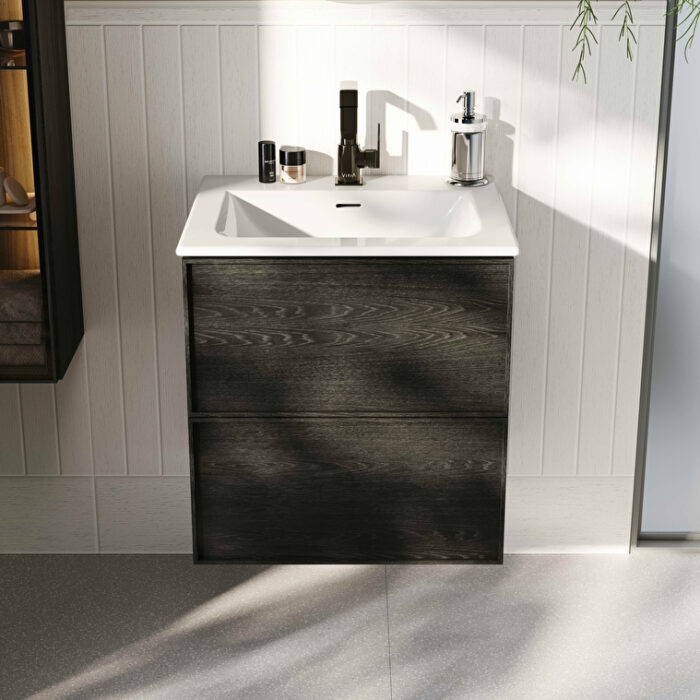 VitrA Metropole Edge Lavabo Dolabı, 60 cm, İki Çekmeceli, Etajerli Lavabolu, Siyah Meşe - Görsel 3