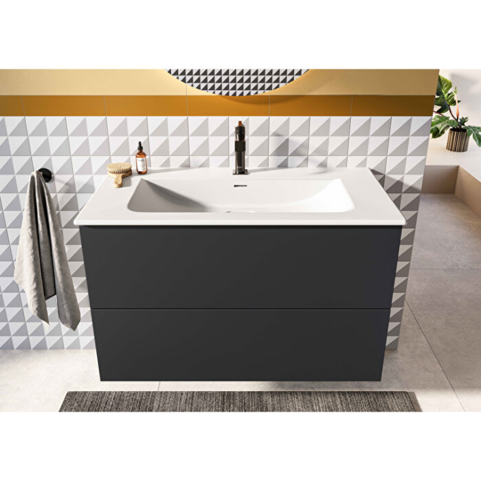 VitrA Metropole Pure Lavabo Dolabı, 100 cm, İki Çekmeceli, Etajerli Lavabolu, Mat Grafit - Görsel 2
