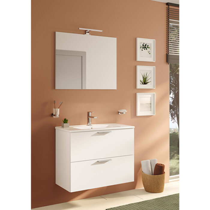 VitrA Mia Banyo Dolabı Seti, 80 cm, İki Çekmeceli, Lavabo Dolabı, Aydınlatmalı Düz Ayna, Parlak Beyaz - 75024 - Banyo Üst Modülleri - 7