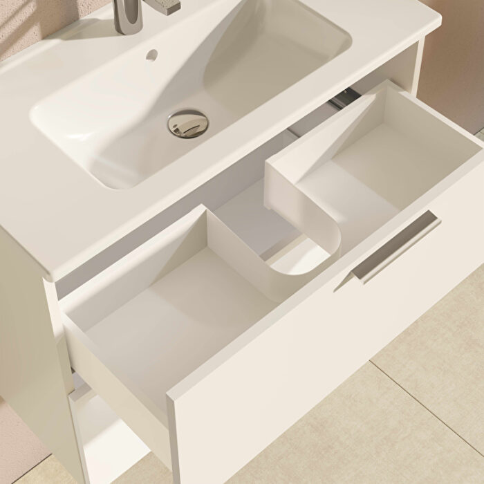 VitrA Mia Banyo Dolabı Seti, 80 cm, İki Çekmeceli, Lavabo Dolabı, Aydınlatmalı Düz Ayna, Parlak Beyaz - 75024 - Banyo Üst Modülleri - 3