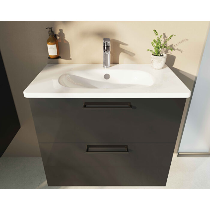 VitrA Root Flat Lavabo Dolabı, 80 cm, İki Çekmeceli, Dar, Yuvarlak Lavabo, Parlak Antrasit - Görsel 4