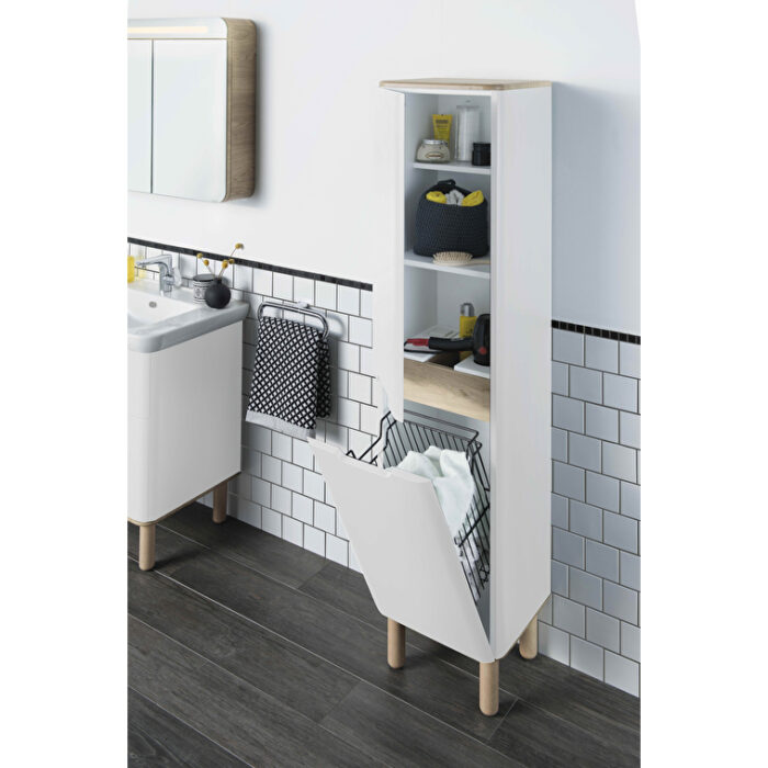VitrA Sento Boy Dolabı, 40 cm, İki Kapaklı, Çamaşır Sepetli, Prizli, Mat Beyaz, Sağ - Görsel 4