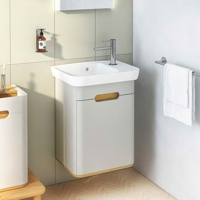 VitrA Sento Lavabo Dolabı, 50 cm, Bir Kapaklı, Dar, Aydınlatmalı, Mat Açık Gri, Sol - Görsel 2