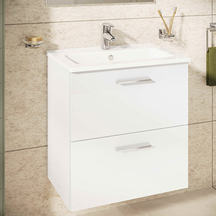 VitrA Mia Banyo Dolabı Seti, 60 cm, İki Çekmeceli, Lavabo Dolabı, Aydınlatmalı Düz Ayna, Parlak Beyaz - Görsel 12