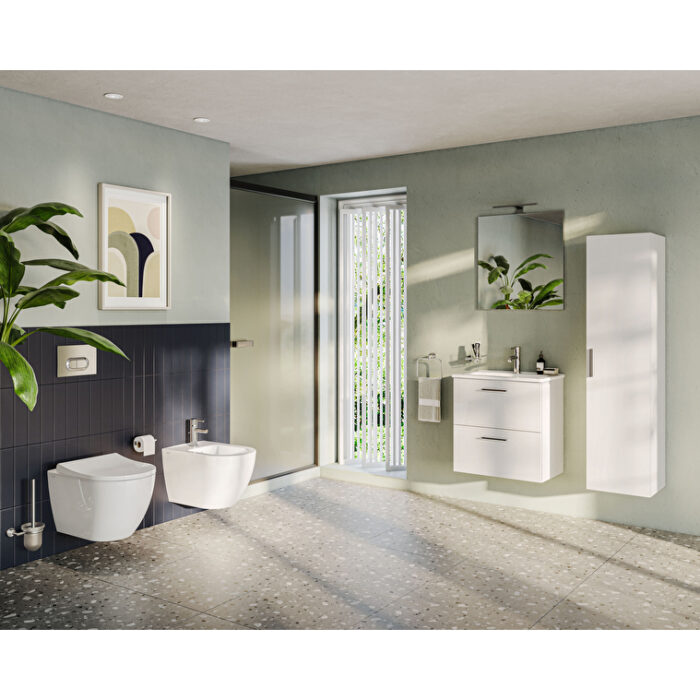 VitrA Mia Banyo Dolabı Seti, 60 cm, İki Çekmeceli, Lavabo Dolabı, Aydınlatmalı Düz Ayna, Parlak Beyaz - Görsel 9