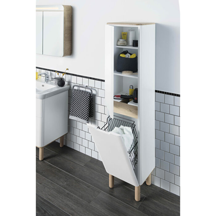 VitrA Sento Boy Dolabı, 40 cm, İki Kapaklı, Çamaşır Sepetli, Prizli, Mat Beyaz, Sol - Görsel 4