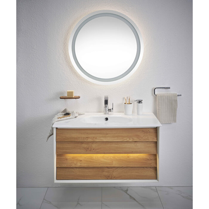 VitrA Frame Lavabo Dolabı, 80 cm, İki Çekmeceli, Beyaz Etajerli Lavabolu, Mat Soft Beyaz & Dore Meşe - 61228 - Banyo Alt Modülleri - 17