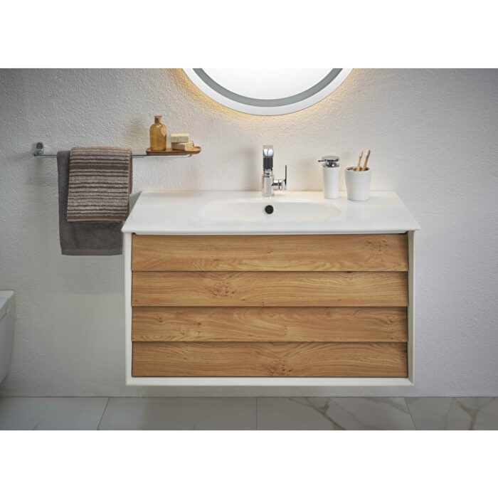 VitrA Frame Lavabo Dolabı, 80 cm, İki Çekmeceli, Beyaz Etajerli Lavabolu, Mat Soft Beyaz & Dore Meşe - 61228 - Banyo Alt Modülleri - 15