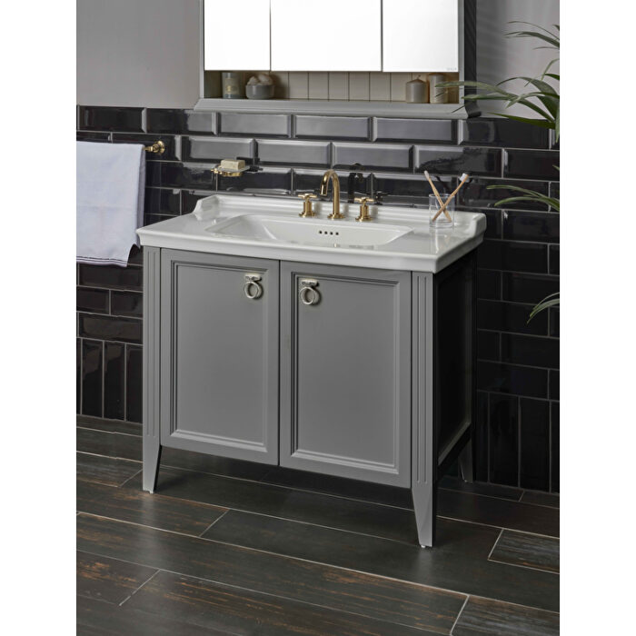 VitrA Valarte Lavabo Dolabı, 100 cm, İki Kapaklı, Etajerli Lavabolu, Mat Gri - Görsel 3