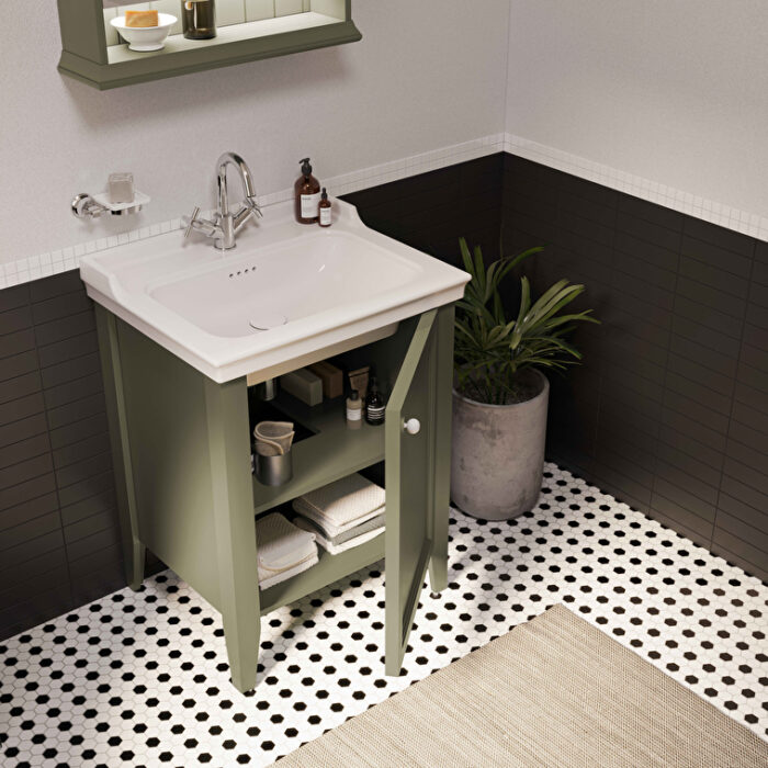 VitrA Valarte Neo Lavabo Dolabı, 65 cm, Bir Kapaklı, Etajerli Lavabolu, Üç Armatür Delikli, Retro Yeşil, Sol - Görsel 4
