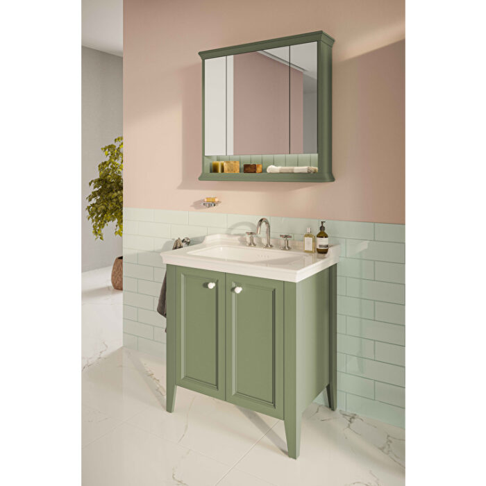VitrA Valarte Neo Lavabo Dolabı, 80 cm, İki Kapaklı, Etajerli Lavabolu, Üç Armatür Delikli, Retro Yeşil - Görsel 4