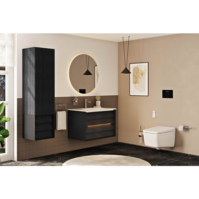 VitrA Frame Boy Dolabı, 40 cm, Kapaklı Ve Çekmeceli, Hareli Siyah Meşe & Mat Soft Siyah, Sağ - Görsel 5
