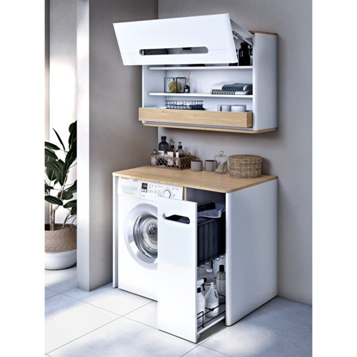 VitrA Sento Demonte Çamaşır Makinesi Ünitesi, 105 cm, Bir Çekmeceli, Çamaşır Sepetli, Mat Beyaz, Sol - Görsel 3
