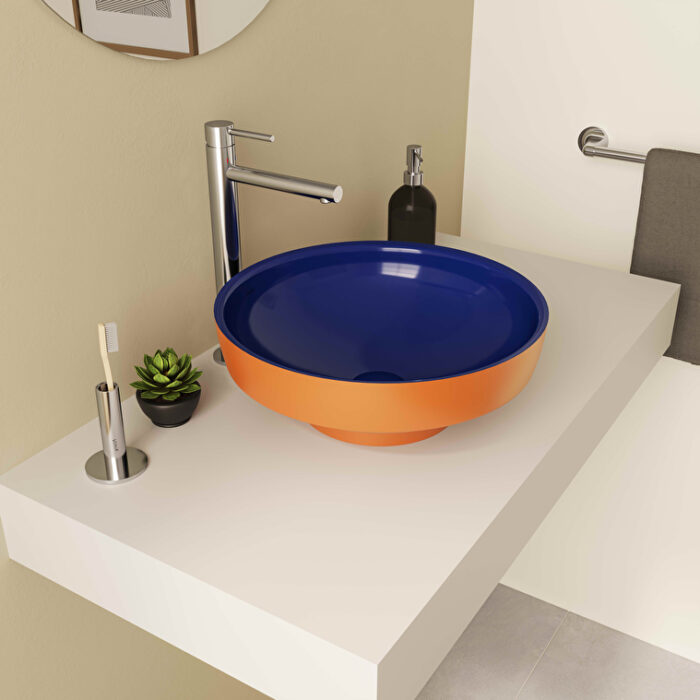 Vitra Water Jewels Çanak Lavabo Yuvarlak, Kompakt, 40x40 cm Armatür Deliksiz, Su Taşma Deliksiz, Clean, Terrarosa-Mavi - 4334B426-1361 - Çanak Lavabo - 1