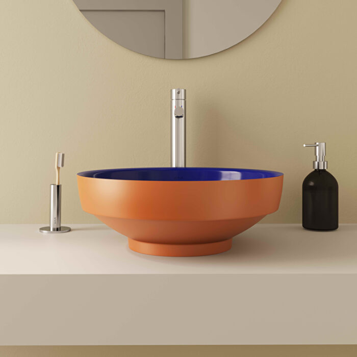 Vitra Water Jewels Çanak Lavabo Yuvarlak, Kompakt, 40x40 cm Armatür Deliksiz, Su Taşma Deliksiz, Clean, Terrarosa-Mavi - 4334B426-1361 - Çanak Lavabo - 4