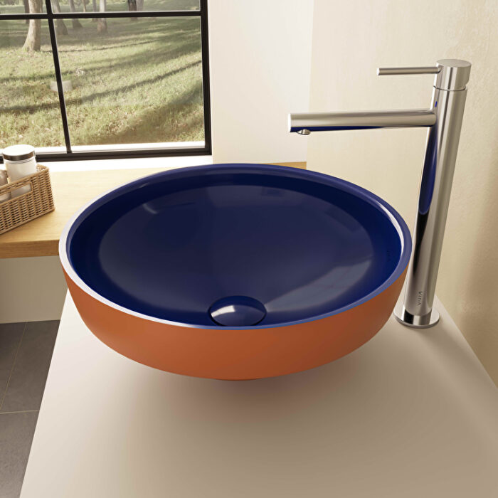 Vitra Water Jewels Çanak Lavabo Yuvarlak, Kompakt, 40x40 cm Armatür Deliksiz, Su Taşma Deliksiz, Clean, Terrarosa-Mavi - 4334B426-1361 - Çanak Lavabo - 2