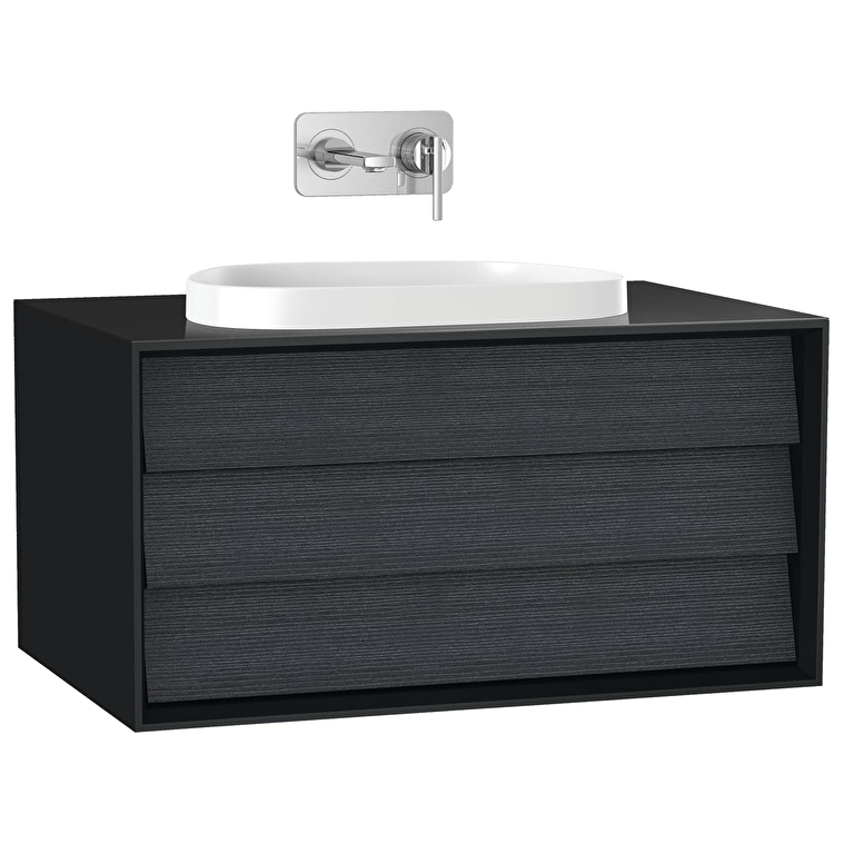 VitrA Frame Lavabo Dolabı, 80 cm, Bir Çekmeceli, Tezgahüstü Tv-Shape Lavabolu, Armatür Deliksiz, Mat Soft Siyah & Hareli Siyah Meşe - 61455 - Banyo Alt Modülleri