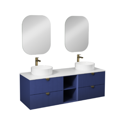 Isvea Infinity Kuvars Tezgahlı, İnoks Kulplu Lavabo Ünitesi, 150 cm, Gece Mavisi, Beyaz Lavabolu - 21IFS772161I - Banyo Dolapları