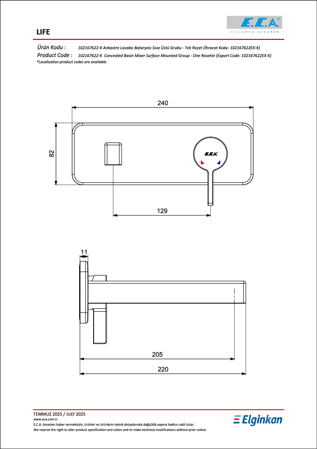 102167622-K-1 ECA Life Ankastre Lavabo Bataryası Sıva Üstü Grubu - Tek Rozet, Krom - 102167622-K - Ankastre Lavabo Bataryası - 1