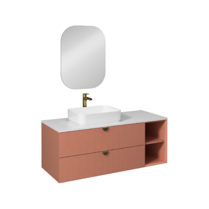 Isvea Infinity Kuvars Tezgahlı, İnoks Kulplu Lavabo Ünitesi, 130 cm, Koyu Somon, Beyaz Lavabolu - 21IFS750141I - Banyo Dolapları