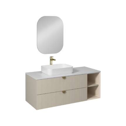Isvea Infinity Kuvars Tezgahlı, İnoks Kulplu Lavabo Ünitesi, 130 cm, Krem, Beyaz Lavabolu - 21IFS712141I - Banyo Dolapları