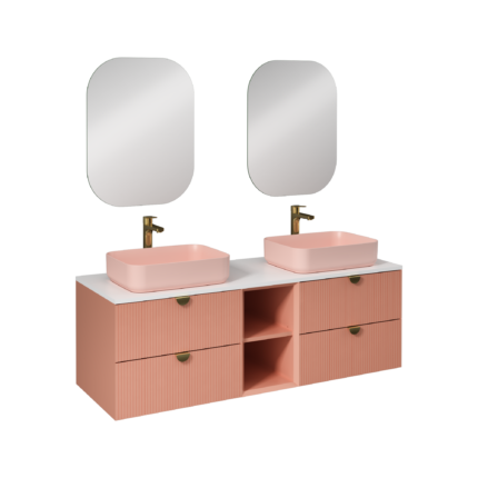Isvea Infinity Kuvars Tezgahlı, İnoks Kulplu Lavabo Ünitesi, 150 cm, Koyu Somon, Somon Lavabolu - 21IFS750162I - Banyo Dolapları