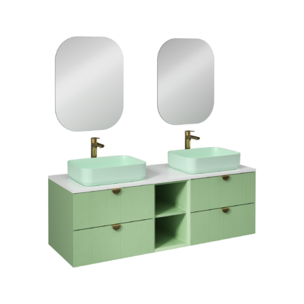 Isvea Infinity Kuvars Tezgahlı, İnoks Kulplu Lavabo Ünitesi, 150 cm, Pastel Yeşili, Mint Lavabolu - 21IFS713162I - Banyo Dolapları