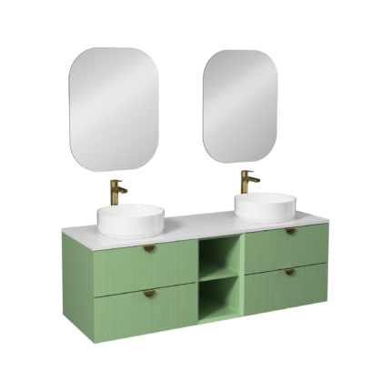 Isvea Infinity Kuvars Tezgahlı, İnoks Kulplu Lavabo Ünitesi, 150 cm, Pastel Yeşili, Beyaz Lavabolu - 21IFS713161I - Banyo Dolapları