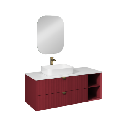 Isvea Infinity Kuvars Tezgahlı, İnoks Kulplu Lavabo Ünitesi, 130 cm, Yakut Kırmızı, Beyaz Lavabolu - 21IFS748141I - Banyo Dolapları