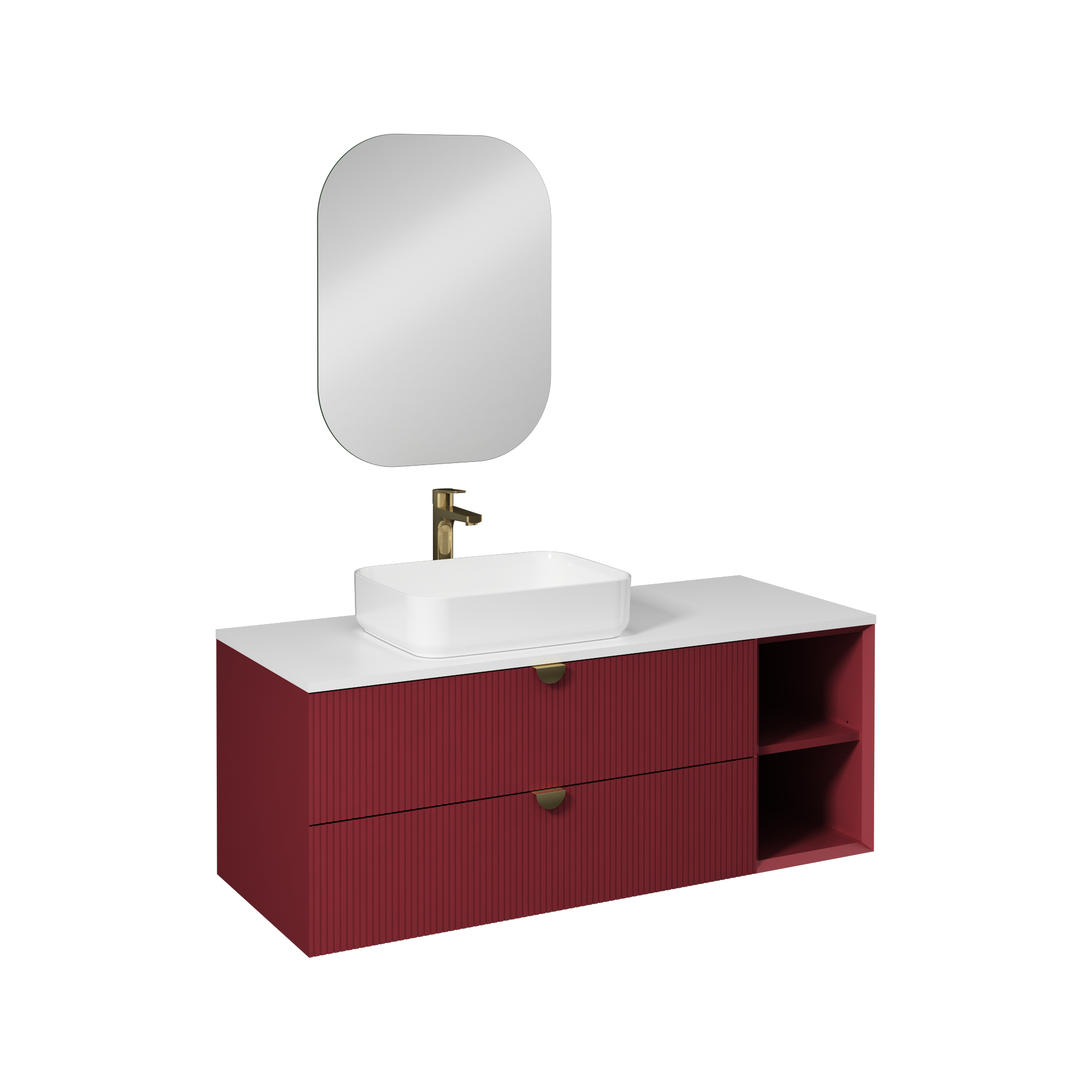 Isvea Infinity Kuvars Tezgahlı, İnoks Kulplu Lavabo Ünitesi, 130 cm, Yakut Kırmızı, Beyaz Lavabolu