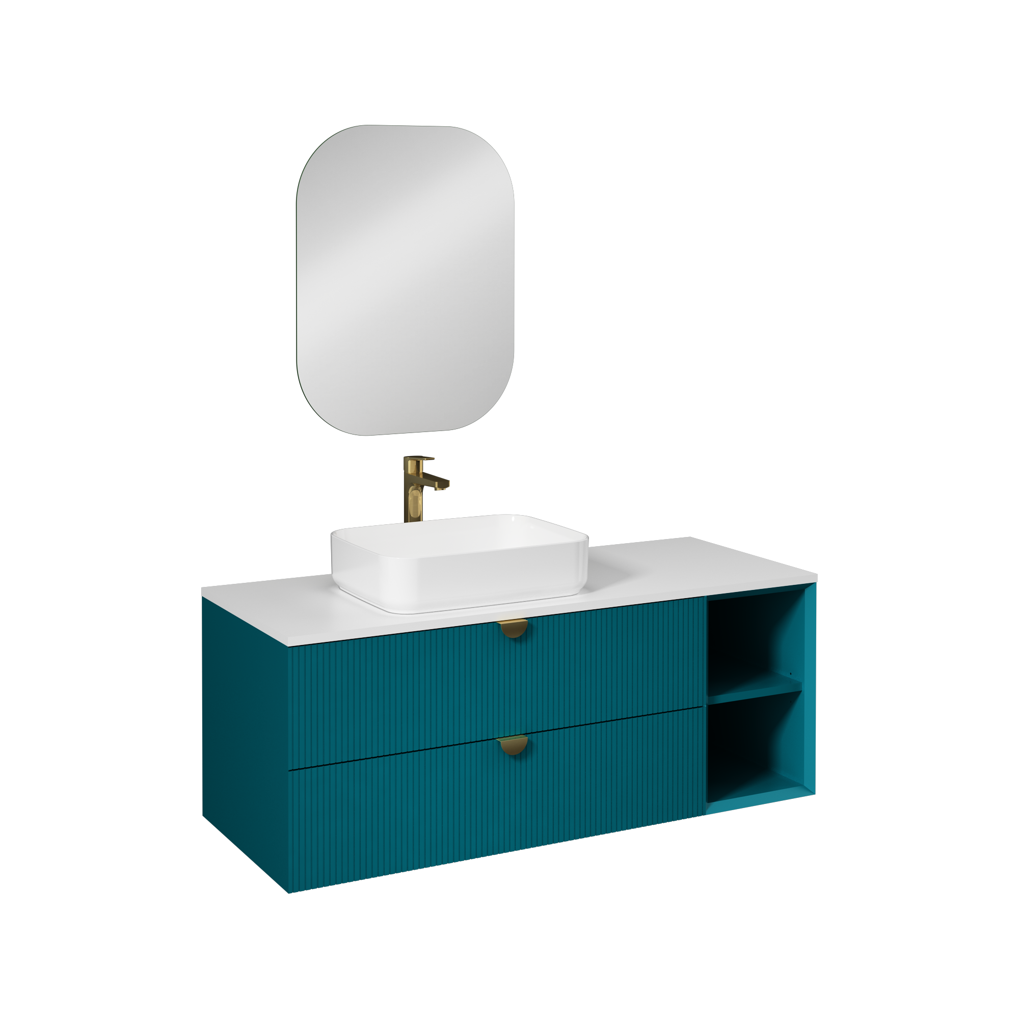 Isvea Infinity Kuvars Tezgahlı, İnoks Kulplu Lavabo Ünitesi, 130 cm, Okyanus, Beyaz Lavabolu