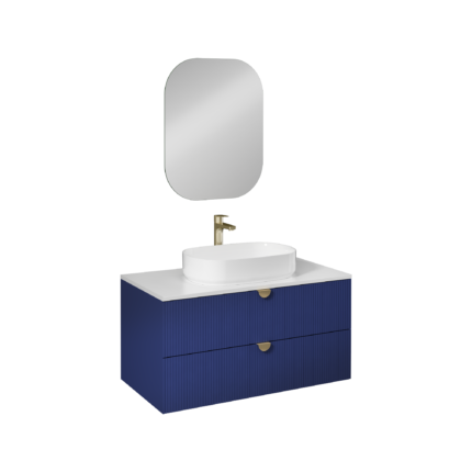 Isvea Infinity Kuvars Tezgahlı, İnoks Kulplu Lavabo Ünitesi, 100 cm, Gece Mavisi, Beyaz Lavabolu - 21IFS772111I - Banyo Dolapları
