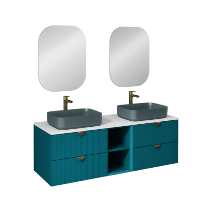 Isvea Infinity Kuvars Tezgahlı, İnoks Kulplu Lavabo Ünitesi, 150 cm, Okyanus, Petrol Yeşili Lavabolu - 21IFS749162I - Banyo Dolapları