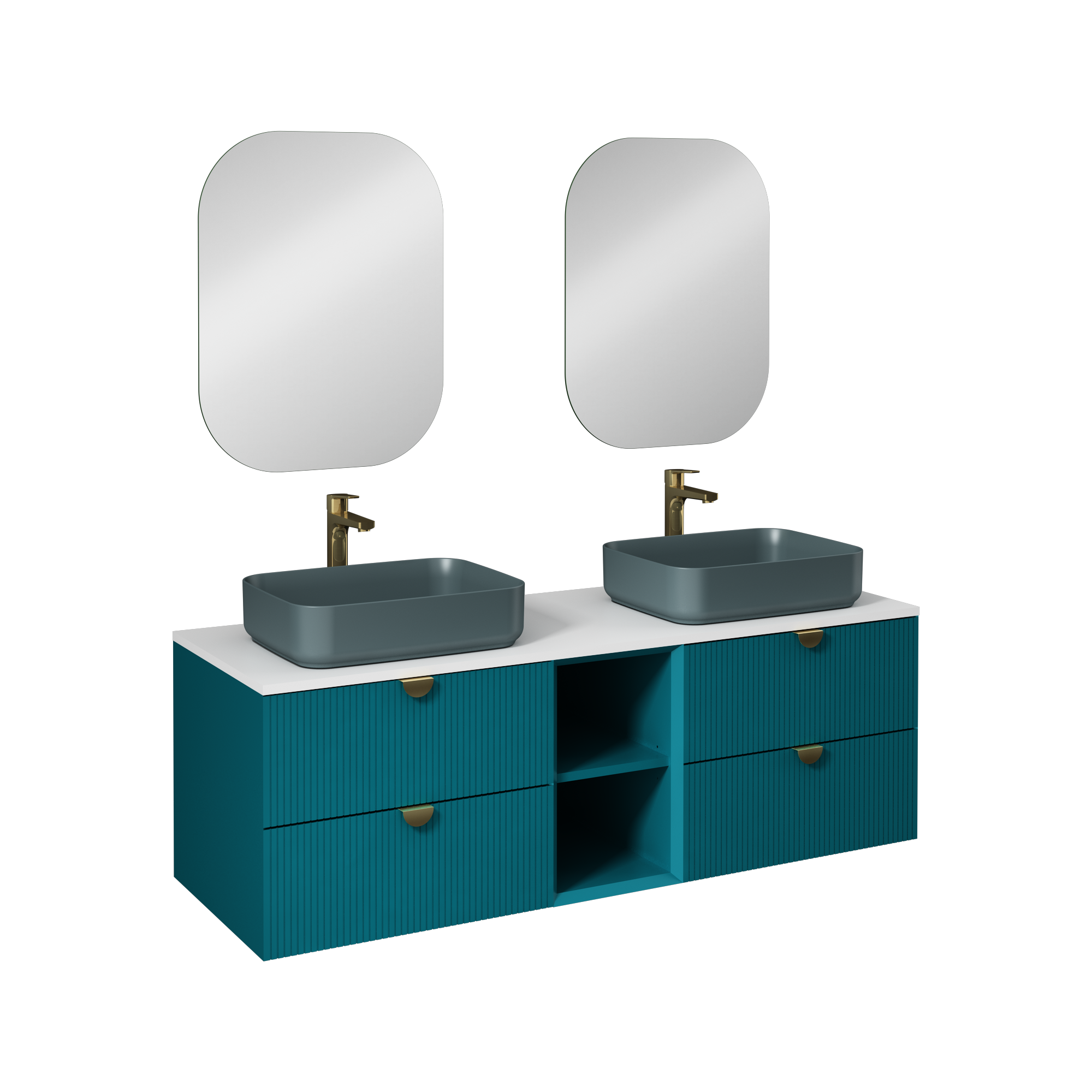 Isvea Infinity Kuvars Tezgahlı, İnoks Kulplu Lavabo Ünitesi, 150 cm, Okyanus, Petrol Yeşili Lavabolu