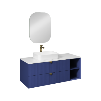 Isvea Infinity Kuvars Tezgahlı, İnoks Kulplu Lavabo Ünitesi, 130 cm, Gece Mavisi, Beyaz Lavabolu - 21IFS772141I - Banyo Dolapları