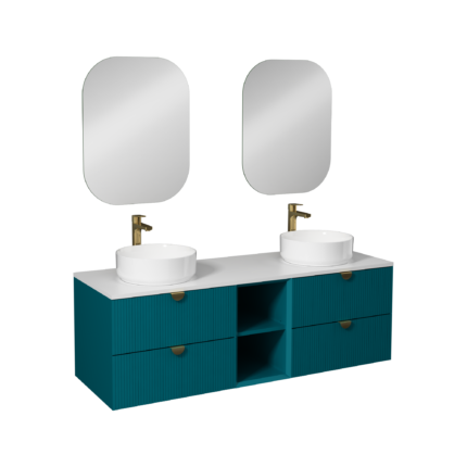 Isvea Infinity Kuvars Tezgahlı, İnoks Kulplu Lavabo Ünitesi, 150 cm, Okyanus, Beyaz Lavabolu - 21IFS749161I - Banyo Dolapları