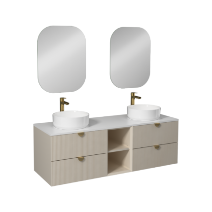 Isvea Infinity Kuvars Tezgahlı, İnoks Kulplu Lavabo Ünitesi, 150 cm, Krem, Beyaz Lavabolu - 21IFS712161I - Banyo Dolapları