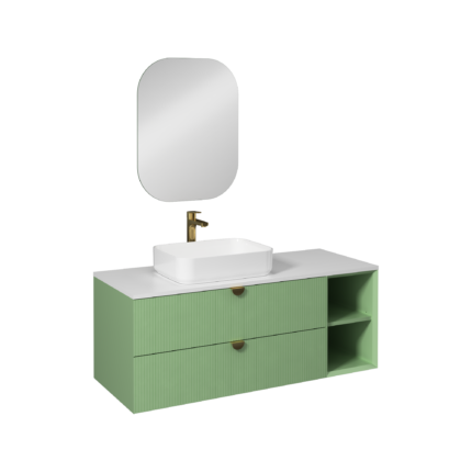 Isvea Infinity Kuvars Tezgahlı, İnoks Kulplu Lavabo Ünitesi, 130 cm, Pastel Yeşili, Beyaz Lavabolu - 21IFS713141I - Banyo Dolapları